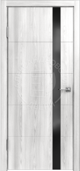 Межкомнатная дверь ALEX DOORS ALUM 15 ДГ Ясень Ривьера айс/ Черный лакобель/ кромка Алюм.серебро с 2-х сторон 900х2000 (Защелка магнит. WC)