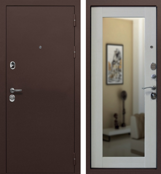 Входная дверь Optimum Престиж зеркало Антик медь/ Беленый дуб 960х2050 Левое