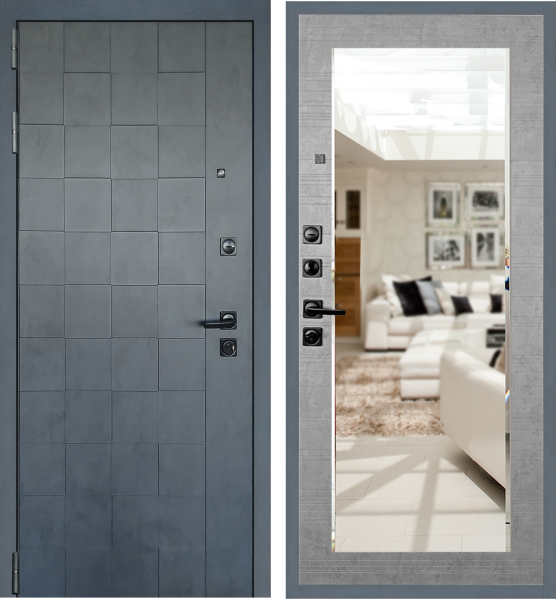 Входная дверь Страж 3К Квадра с зеркалом Бетон графит/ Бетон светлый 860х2050 Левое