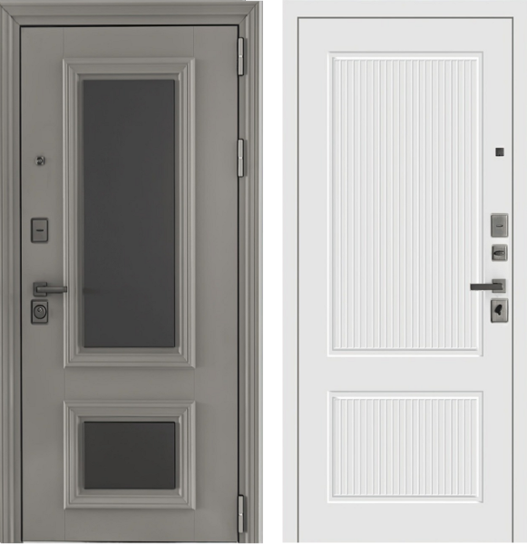 Входная дверь Страж Кристо РЖ Гранит софт матовый (вставки-темный пепел)/ Экзимер белый 860х2050 Левое