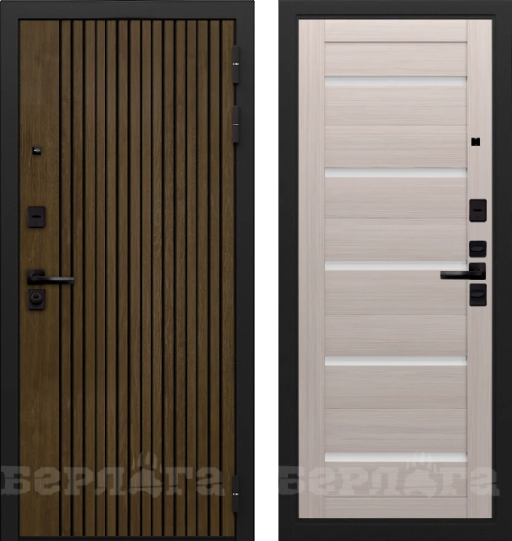 Входная дверь Берлога Тринити УП "Деонис" Орех лучистый натуральный (патина черная)/ "Александра"  Буксус/ Белый лакобель 870х2060 Левое