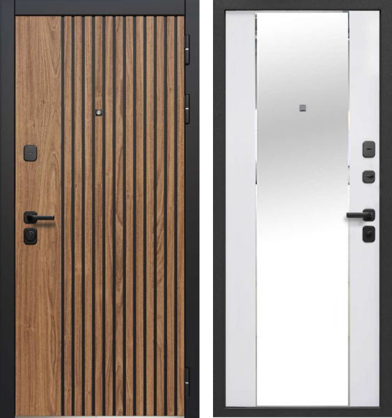 Входная дверь Luxor 2МДФ Рейка зеркало Лесной орех/Белый 960х2050 Левое