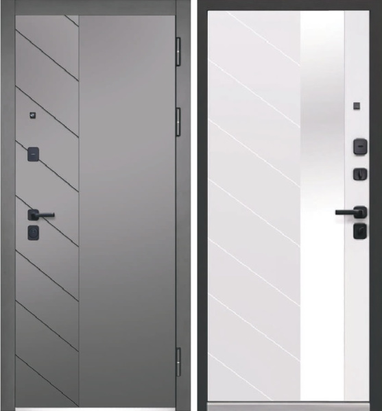 Входная дверь Luxor 2МДФ Пирамида зеркало Графит/ Белый 860х2050 Левое