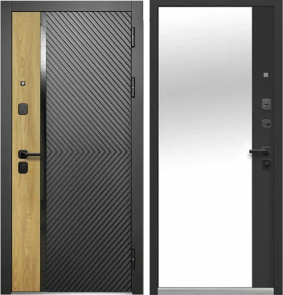 Входная дверь Luxor 2МДФ Дуб Диагональ зеркало Сатин черный 860х2050 Правое