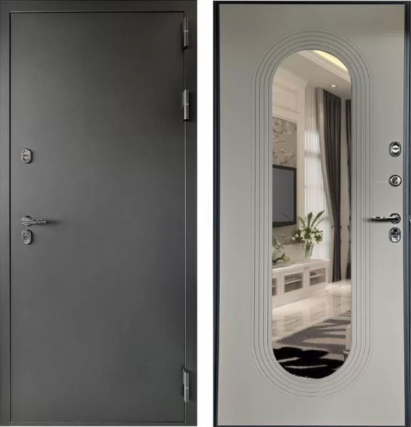 Входная дверь с терморазрывом Страж 3К Тепло Овальное зеркало Графит RAL 7024/ Стронг Сливки 860х2050 Левое