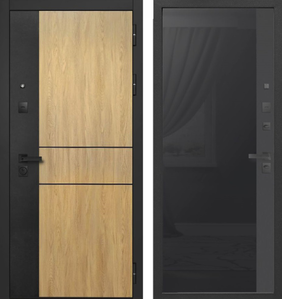 Входная дверь с электрозамком Ferroni SMART 2 Дуб мадейра/ Черное стекло лакобель 860х2050 Левое