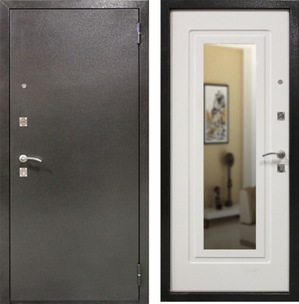 Входная дверь Optimum Лига 70 зеркало Темное серебро/ Ясень белый 860х2050 Правое