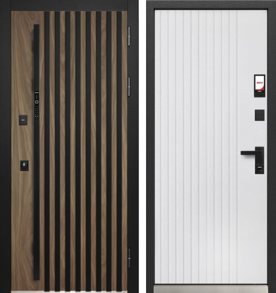 Входная дверь с электрозамком Luxor 2МДФ Smart 3D Рейка Орех/ Белый 860х2050 Левое