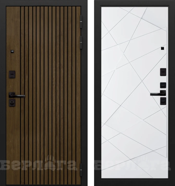 Входная дверь Берлога Тринити УП "Деонис" Орех лучистый натуральный (патина черная)/ "Менгир" Эмалит арктик 870х2060 Левое