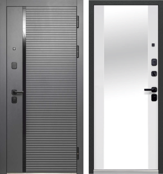 Входная дверь Luxor 2МДФ Горизонталь зеркало Графит/ Белый 860х2050 Левое