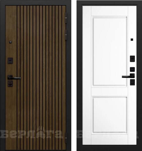 Входная дверь Берлога Тринити УП "Деонис" Орех лучистый натуральный (патина черная)/ "Ромео" Эмалит арктик 870х2060 Левое