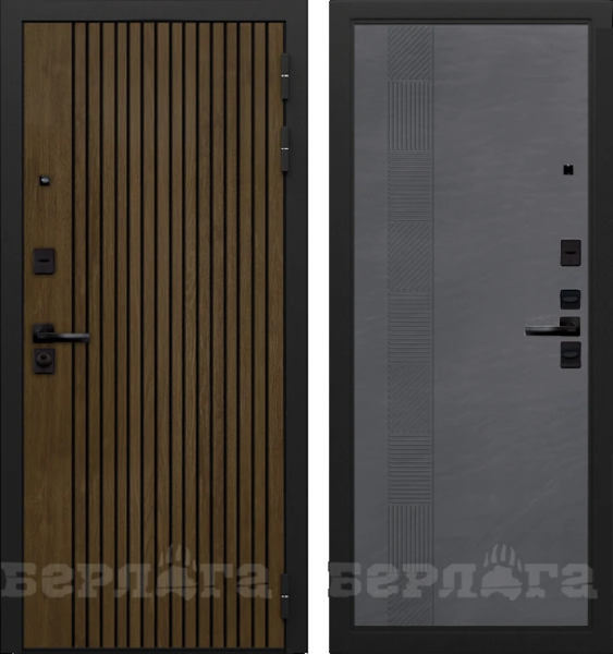 Входная дверь Берлога Тринити УП "Деонис" Орех лучистый натуральный (патина черная)/ "Любена" Дюна муссон 870х2060 Левое
